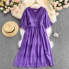 Vintage violet évider Midi Robe femmes Sexy col en v vacances plage fête Vestidos femme piste ample Robe été 2021 nouveau Y0603