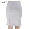 Liooil assimétrico algodão preto buraco branco denim midi saia com tassel streetwear alta cintura lavagem afligida mulheres bodycon saia 210303