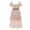 Pink Patchwork Sequin Mesh Dress For Women Square Collar Short Sleeve High Waist Midi Dresses Female Summer Fashion 210531