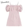 yitimuceng花のドレス女性夏のジッパーミニハイウエストパフスリーブスラッシュネックホワイトピンクドレス韓国のファッション210601