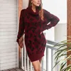 Autumn Women Leopard Knit Sweater Dress Winter Fashion Warm Turtleneck Jumper Dress Casual Loose Long Sleeve Party Dress Vestido Y1204