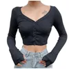 Camicette da donna Camicie Moda Donna Maniche lunghe Casual Tinta unita Cardigan lavorato a maglia Bottone Crop Top Donna Scollo a V Spalle scoperte Taglia S M L