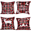 Christmas Pillow Case Black and Red Buffalo Plaid Linen Cushion Cover for Sofa Couch Xmas Decor 18 Inch KDJK2108