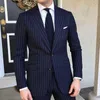 Navy Blue Pinstripe Business männer Anzüge für Bräutigam 2 Stück Slim Fit Hochzeit Smoking mit gekerbtem Revers Custom Männliche Mode Kostüm X0909