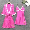 5pcs Silk Robe Sleep Suit Women Lace Satin Pajamas Gown Set V-neck Cami Nighties Pijama Home Nightwear Spring Nightdress X0526