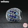 Wostu 100％925スターリングシルバーピーコックフェザーブルーチャームビーズフィット女性チャームブレスレットS925シルバービーズジュエリーCQC472 Q0531