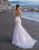 Sexy colher de mangas compridas sereia vestidos de casamento de sereia abito da espuma varredura trem laço vestido nupcial champanhe e marfim praia boho vestido de noiva boho