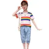 Genç Kız Giyim Gökkuşağı Tshirt + Kot Kız Giysileri Delik Çocuk Denim Casual Stil Çocuk Seti 210528