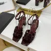 Luxury medium heels with chunky heels and strappy sandals with ladies' cowhather soled heels 6.5cm patent leather series with a twist