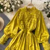 Vintage Yellow/White Hollow Out Lace Dress Women Casual Party High Waist Lantern Long Sleeve Ruffle Vestidos 2021 Spring Autumn Y0603