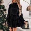 Women Fashion Lace-up Pleated Mini Dress Casual Polo Collar Long Sleeve Dresses Office Elegant Solid Ruffle Corset A-line Dress Y1204