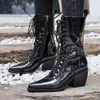 Boots Leather Thick-heeled Mid-tube Trendy Women's Patent Pointed-toe Lace-up High-heel Motorcycle