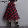 Neophil Engeland Stijl Rode Plaid Hoge Taille Lange Wollen XXL A-lijn Winter Vrouwen Zakken Chic Maxi Tartan Rokken S1735 211120