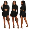 Women 2 Piece Set Dress Designer Sexy High Collar Long Sleeve Top Bandage Hollow Knee Skirt Ladies Fashion Solid Dresses Outfits 2022 New