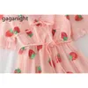 Été col en v a-ligne fraise paillettes robes rose gaze manches courtes papillon doux étudiants volants Vestidos 210601