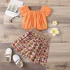 Summer Toddler Baby Girls Set Kids Close Solid Color One-Ramię Top + Pasted Flower Spódnica 2szt Casual Outfit Girls Sets X0902