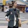 [EWQ] Autumn Female Office Lady Notched Collar Long-sleeved Single Breasted Patchwork Green Minimalist Blazer Coat 8P088 211019