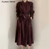 Elegancka sukienka spaghetti kobieta z paskiem stojak szyja luźna maxi vestido pani koreańska elegancka ciemnoniebieska wiosna odzież 210603