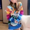 Oversized sweter Kobiety Moda Rainbow Paski Haftowane Listy Dzianiny Pulowers Luźne Dorywczo Streetwear Topy C-237 237 211011