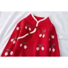 Klänning höst vinter stickad tröja cheongsam knappar kinesisk stil röd barn es flicka kläder 210528