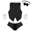 Mens Sexig Maid Roll Spela Cosplay Kostym Outfits Toppar Boxer Briefs Underkläder med krage Handbojor Underkläder Set Halloween Coats Y0903