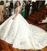 Kralen kanten ball jurk trouwjurken sexy pure nek korte mouwen geappiteerde saoedi -Arabische bruidsjurken op maat gemaakt