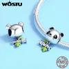 Wostu Real 925 Sterling Prata Adorável Panda Bamboo Beads Charm Fit Original Charme Pulseira Esterlina Prata Jóias CQC325 Q0531