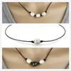 Pearl Single Cultured Freshwater Pearls Necklace Choker for Women Genuine Leather Jewelry Handmade, Black, 14 inches