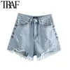 TRAF Women Chic Fashion Pockets Frayed Hem Ripped Denim Shorts Vintage Hoge Taille Rits Vliegen Vlieg Vrouwelijke Korte Jeans Mujer 210616