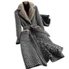 Manteau d'hiver en mélange de laine à carreaux pour femme, manteau de bureau, plus épais, chaud, col en fourrure, vêtements d'extérieur, Double boutonnage, grande taille, veste longue grise, S-5XL