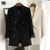 Ly Varey Lin Primavera Otoño Vintage Mujeres Manga larga Sólido Blazer Oficina Damas Cuello con muescas Doble botonadura 211122