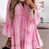 [DEAT] SOMMAR FASHION V-Neck High Waist Ruffles Långärmad Jacquard Loose Elegant Dress Women 13q002 210527