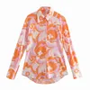 Vintage Woman Orange Slim Print Shirt Sets Spring Elegant Female Flower Matching Ladies Streetwear Long Sleeve Suits 211105