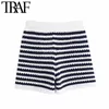 TRAF Dames Chique Mode Gestreepte Gebreide Shorts Vintage Hoge Elastische Taille Vrouwelijke Korte Broek Mujer 210625