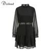 DICLOUD Elegantes aushöhlen schwarzes Dres Dot Langarm Herbst Frühling A Line Mini Partykleid Sexy Modekleidung 211221