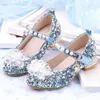 Crystal Leather Shoes Kids Square High Heel Sequins Bling Shoes Pigskin Pad Wedding Dance Princess Girls