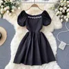 Neploe Heavy Work Beading Patchwork Temperament Dress Women High Waist Hip A Line Slim Vestidos Summer Short Sleeve Robe Black C0607