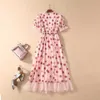 Sexy V-Neck Belt Strawberry stamping Short Sleeve Party Mid-Length Dress Net Yarn Summer Women'S Clothing 210623