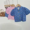 Estilo coreano verão crianças meninas 2-pcs conjuntos azul rosa floral sleevers camisas + shorts cute crianças roupas E032 210610