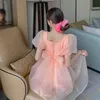 Artı Boyutu Kare Boyun Puf Kısa Kollu Pembe Organze Elbise Kadın Yaz Moda Geri Yay Büyük Salıncak Vestido Tatlı Korece 210529