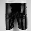 Damenhöschen, schwarze Herren-Shorts aus glänzendem Lackleder, Wetlook, offenes Penisloch, ouvert, Boxer, glänzender elastischer Bund, Hose2182