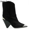 Metal Toe High Heel Salto Botas de Couro Genuíno Curto Ankle Suede Pointed Saltos Sapatos Senhoras Matin 211105