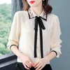Koreanska kvinnor Silkskjortor Blusar Kvinna Satin Diamanter Långärmad Blus Toppar Plus Storlek Bow Slips 210604
