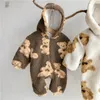 Winter Newborn Baby Cartoon Bear Print Fleece Thicken Rompers Hooded Infants Boy Clothes Kids Toddler Girls Warm Jumpsuits 210309