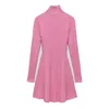2021 Kobiety Moda Chic Pink Side Split Slim Dzianiny Mini Dress Kobieta Elegancka Turtleneck Długie Rękawe Sukienki Vestidos X0521