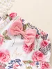 Наборы одежды Родины Baby Girls Летние Твердые Ruffled Romper + Цветочный Лук Шорты Устройства Устройства Одежда Countuntos Para Bebé