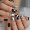 False Nails грубый серебряный блеск Искусственные остерины короткие черные ногти фальшивые Bling Lady искусственные акриловые наконечники для ногтей для пальцев 220225