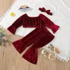 Enfants Vêtements Ensembles Filles Golden Velvet Tenues Enfant Tops à l'épaule + Pantalon évasé + Bandeau Bur 3pcs / Set Spring Automne Fashion Vêtements de bébé