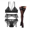 Sexy Lace Ultra Thin Cómodo Conjunto de ropa interior libre de alambre Chica de mujer Lencería transpirable Sujetador + Bragas + Liga + Medias 4 piezas X0526