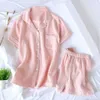 Verão ladeis doce doce cor gaze algodão pijama sólido conjunto de manga curta + calças mulheres bonito homewear casual wear 210830